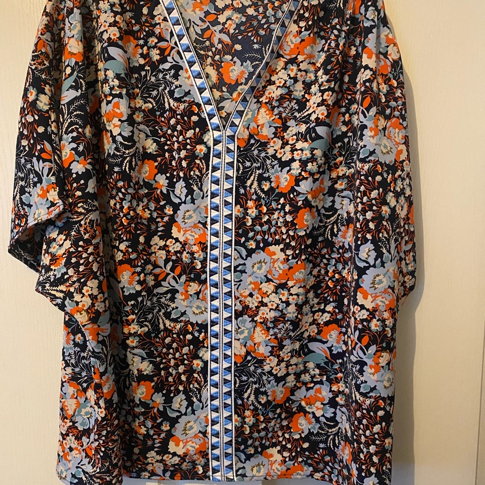 Vibrant Floral multi colored. Navy and Orange Kimono Style Top
